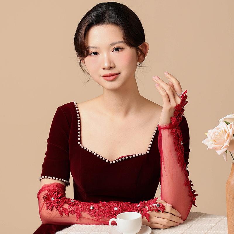 1 Pair Fingerless Gloves Hollow Out Patchwork Soft Breathable Bridal Gown Mittens Lace Embroidery