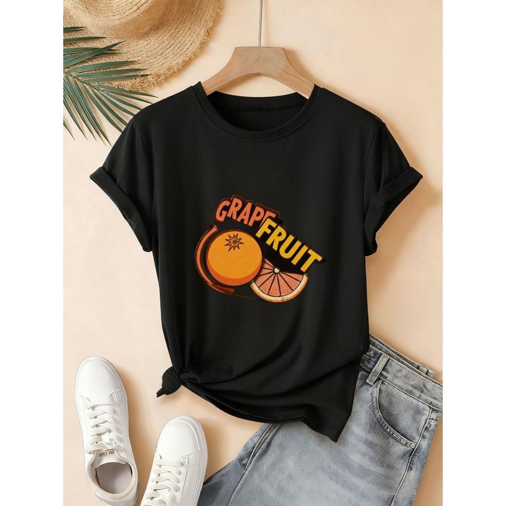 Summer Beach Grapefruit Graphic T-Shirt Casual Crew Neck Tee with Whole and Sliced S