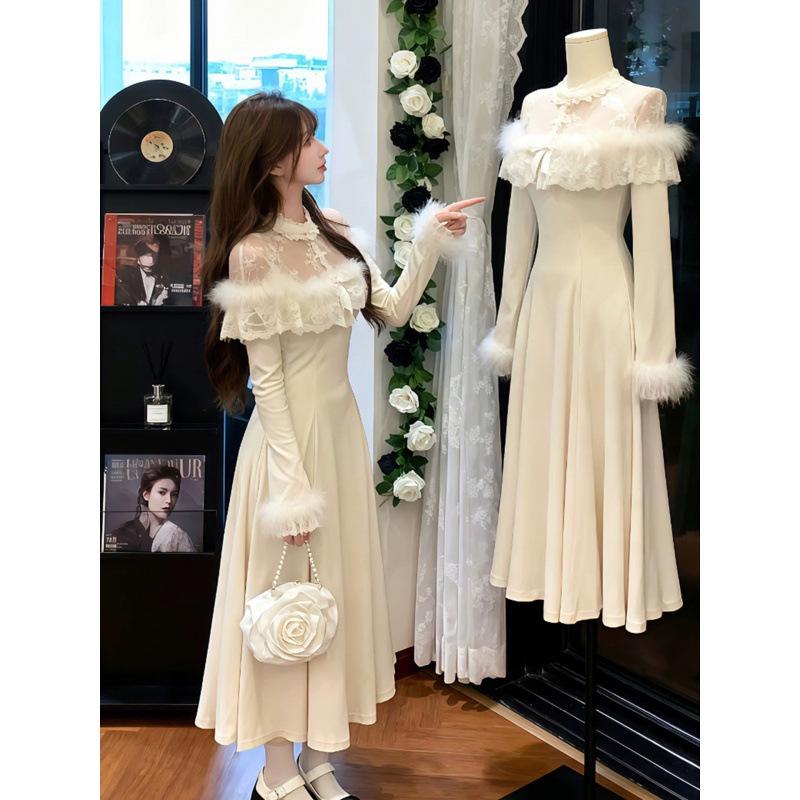 

Elegant French Heiress-Style Long-Sleeved Ruffled Dress for Women - Autumn Collection L слоновая кость/белый