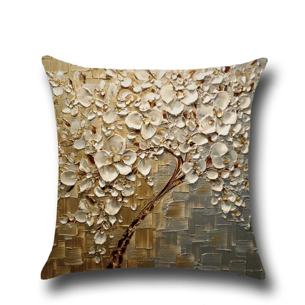 Three-dimensional Oil Painting Trees Flowers Cotton Linen Cushion Pillow Case Car Waist Cushion Cover