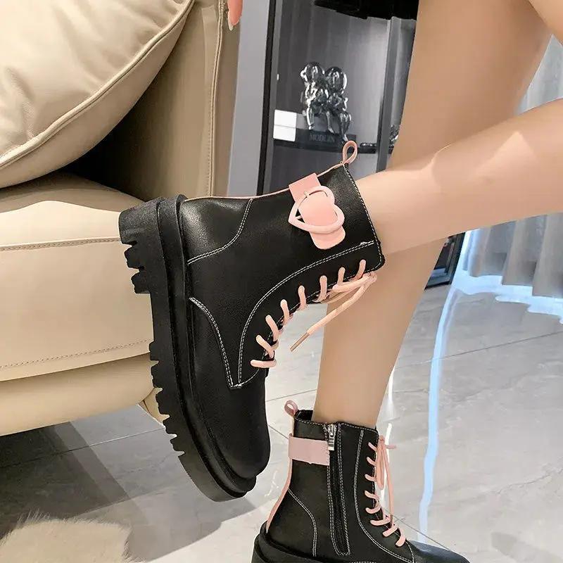 Fashion Ankle Boots for Women Round Toe Platform Cute Chunky Kawaii Booties Pu Comfortable and Elegant Winter 2024 Y2k Woman Short Shoes