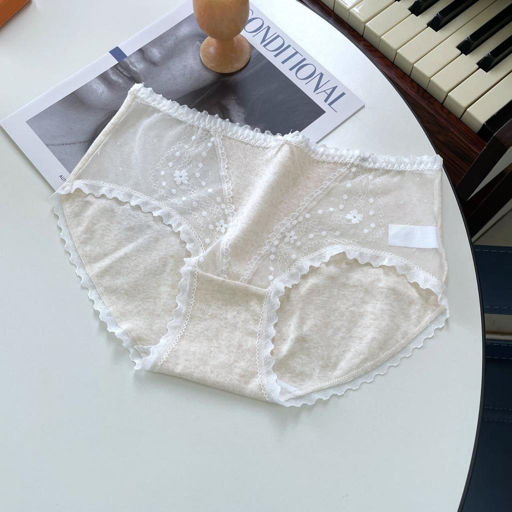 Dámské Sexy krajkové kalhotky z čisté bavlny 10A, antibakteriální, střední pas, na jaro a podzim