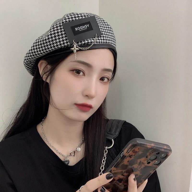 Japanese Houndstooth Stylish Beret Hat For Women With Unique Metal Patch