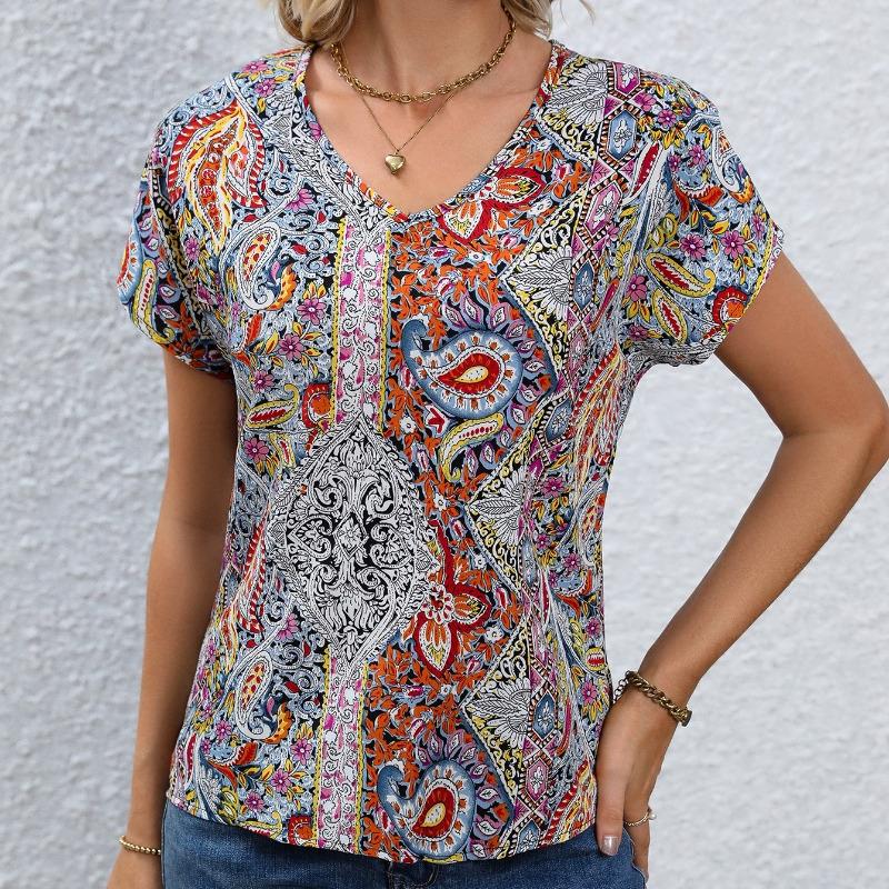 Bluză de femei retro imprimeu boemă de vară Topuri casual Elegante de plajă cu mâneci scurte cămăși largi pentru femei Moda vacanță bluze pentru femei 24482