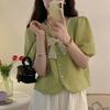 Korean Sweet V-Neck Bow Shirt Women's Clothing Elegant Single-breasted Summer Solid Color Casual Basic Short Sleeve Loose Blouse