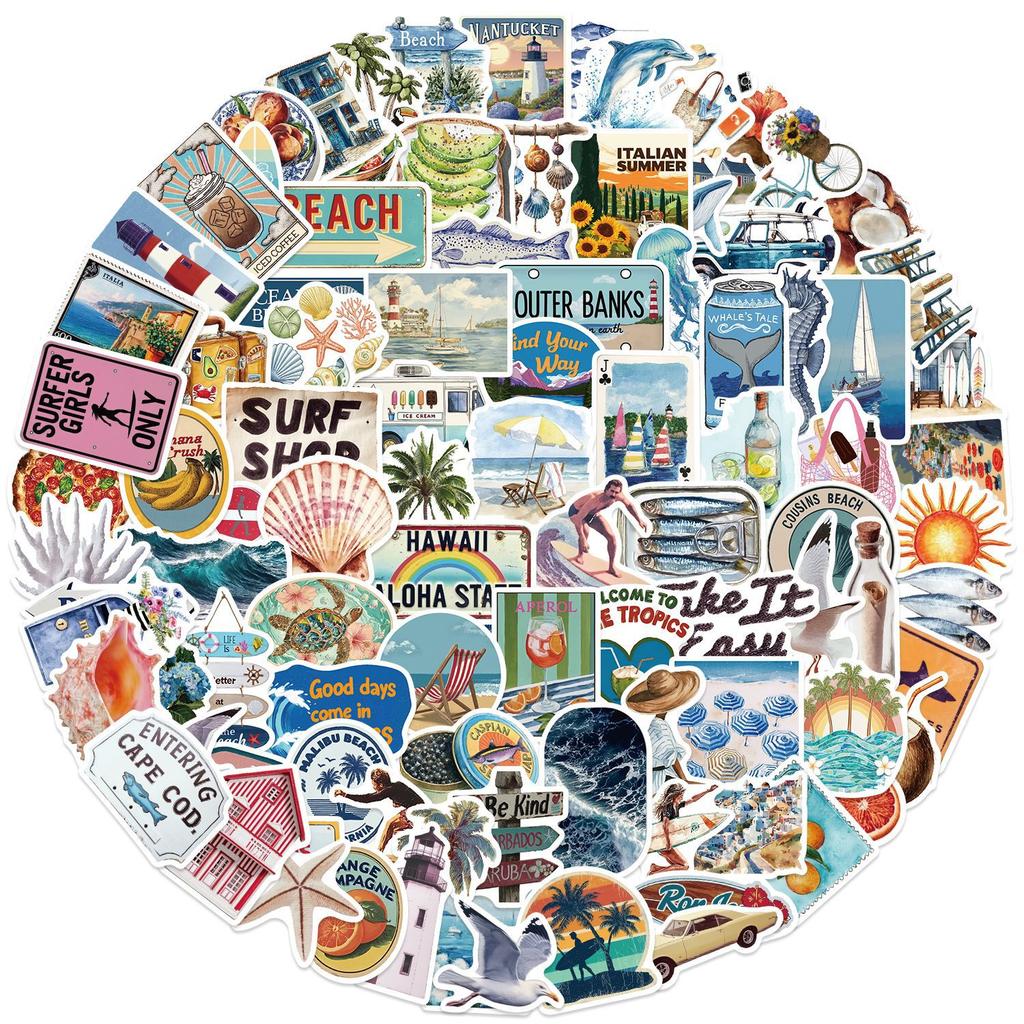 100pcs Vintage Summer Themed Beach Surfing Aesthetic Stickers Graffiti Decals Laptop Water Bottle Luggage Waterproof Sticker