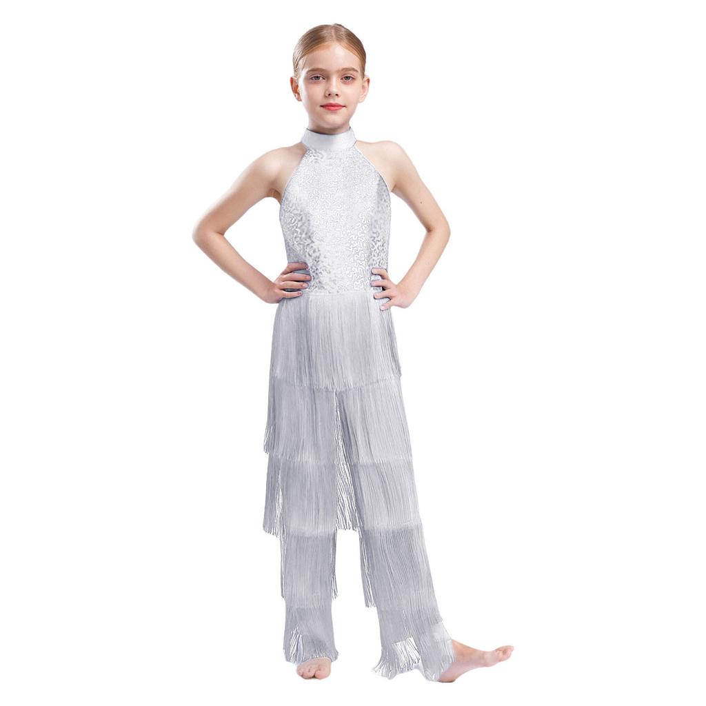 Mädchen Halter Ärmellos Rückenfrei Pailletten Stufig Quaste Tanz Jumpsuit Cha cha Latein Kostüm