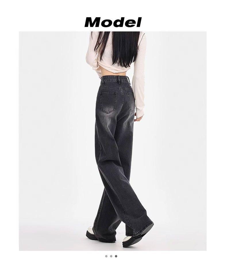 Women's High-Waisted Black-Gray Straight-Leg Jeans - Loose Slimming Wide-Leg Pants for Spring & Autumn 2025