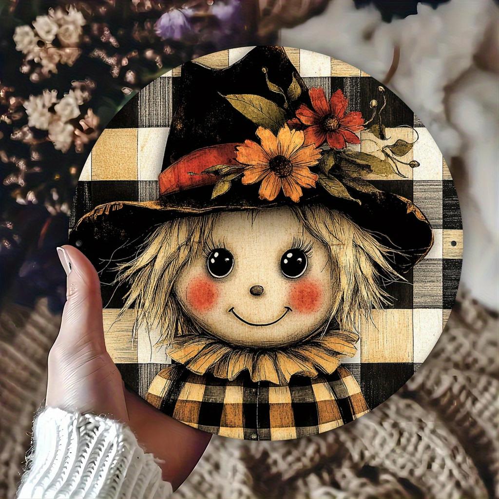 Scarecrow Outdoor Round Metal Sign  Perfect for FallThanksgiving Decor Ideal for HomeCafeand Restaurant IndoorOutdoor Use