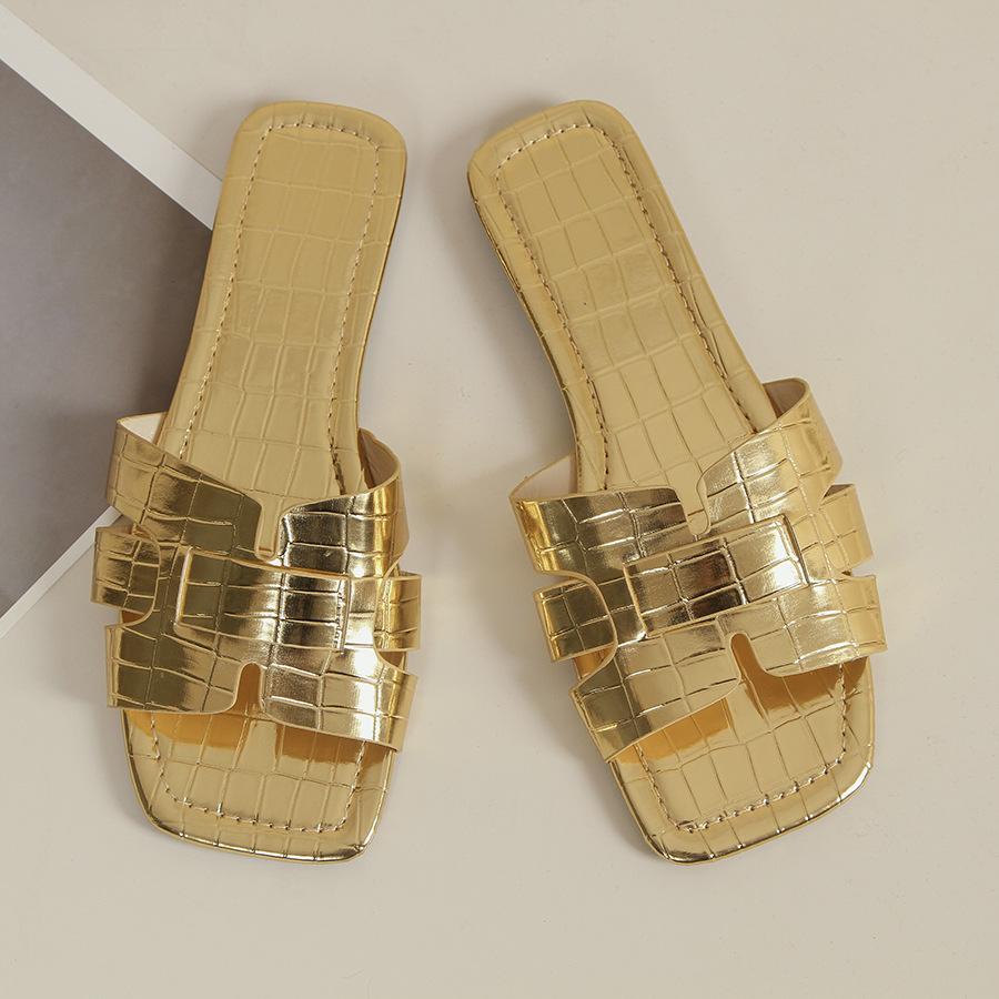Slippers Korean version solid color flat-bottomed slippers women, European and American square head breathable one-pedal home slippers women