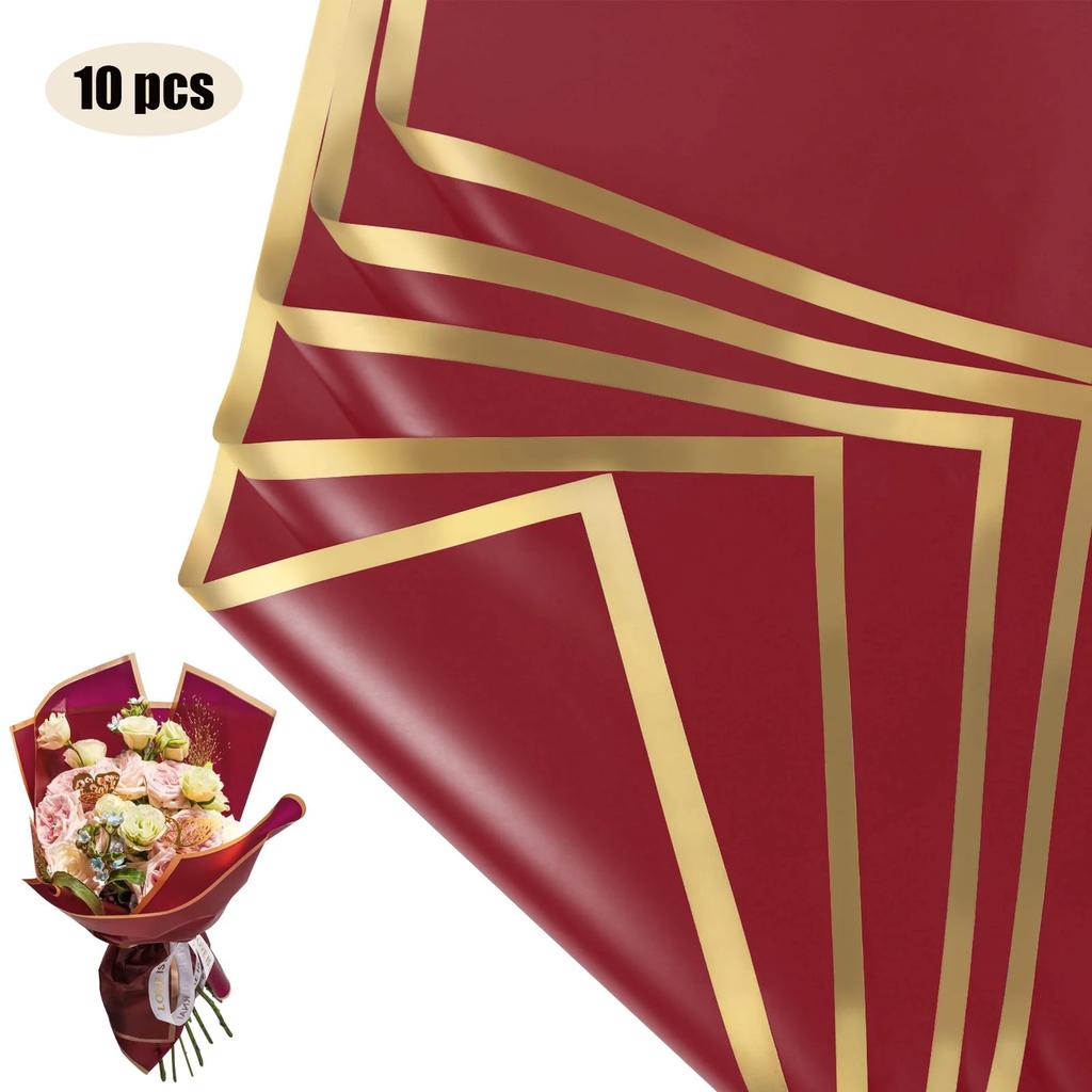 10 Sheets Flower Wrapping Paper with Golden Edges, Waterproof Bouquet Packaging - Ideal for DIY Weddings & Birthdays 2035