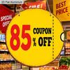 2D Flat Aluminum "85% Off Coupon" Decorative Signs and Plaques, Available In Multiple Sizes. Vintage Bright Yellow Distressed Finish Wall Decoration