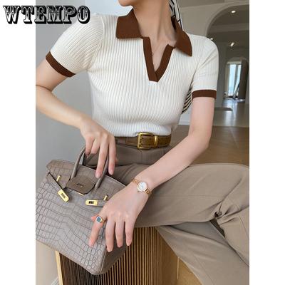 T-shirt da donna a maniche corte con colletto polo, alla moda, magliette slim in maglia, canottiere estive casual aderenti da donna a tinta unita
