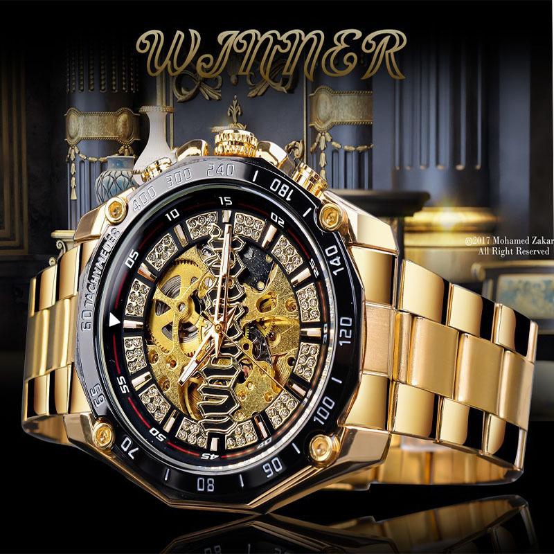 Moda Vincitore Top Brand Uomo Casual Scheletrato Automatico Meccanico Cinturino Completamente in Acciaio Inossidabile Lusso Dorato Orologi da Business