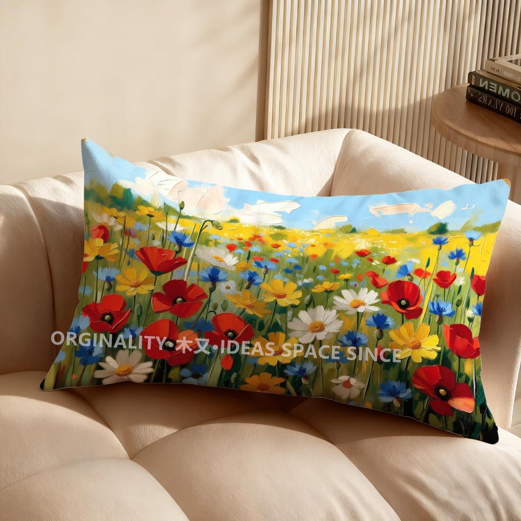 Vintage Floral Field Print Rectangular Pillowcase Suitable For Sofa Bedroom Car Pillow Cover Cushion Rectangular Back Cushion