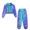 Unisex Kinder Hip Hop Tanzkostüm Metallic-Jacke mit Langarm-Umlegekragen und glänzendem Hosenset