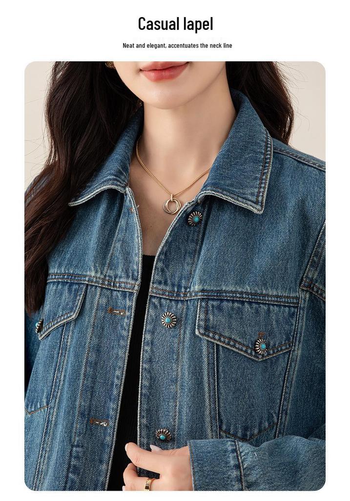 Xin Ge Damen Retro Patchwork Jeansjacke mit Aufschlagmanschetten - Herbst Blau Print Design