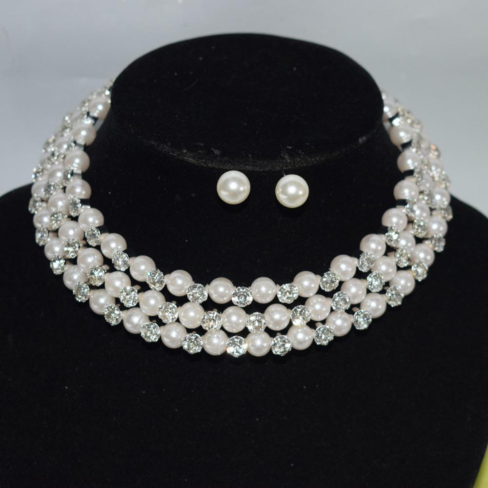 Bridal Wedding Pearl Rhinestone Bundle Neck Chain Collar Bracelet Stud Earrings Three-piece Amazon Claw Chain Set