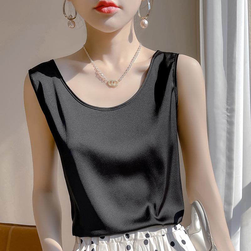 

Жіночий топ-майка з шовку шовковиці: Чорно-білий, З круглим вирізом, Вільна атласна базова майка, Літній топ XL