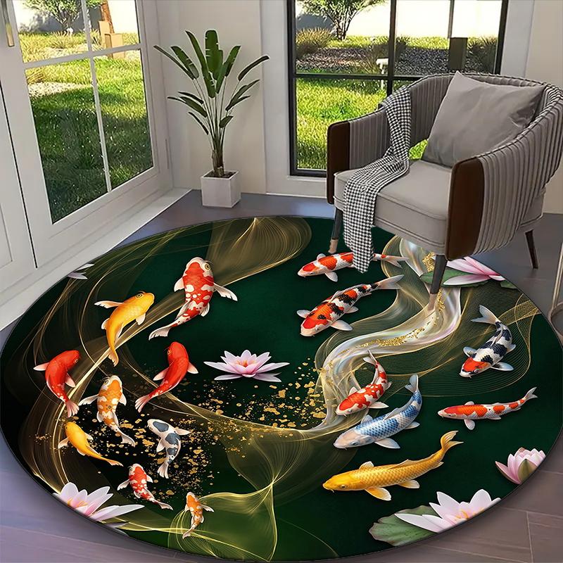 

[Colorful Ocean Fish Printed Carpet] Non-slip Office Rug, Cozy Round Carprt for Living Room Use, Soft Home Sofa Chair Mat Diameter 60cm
