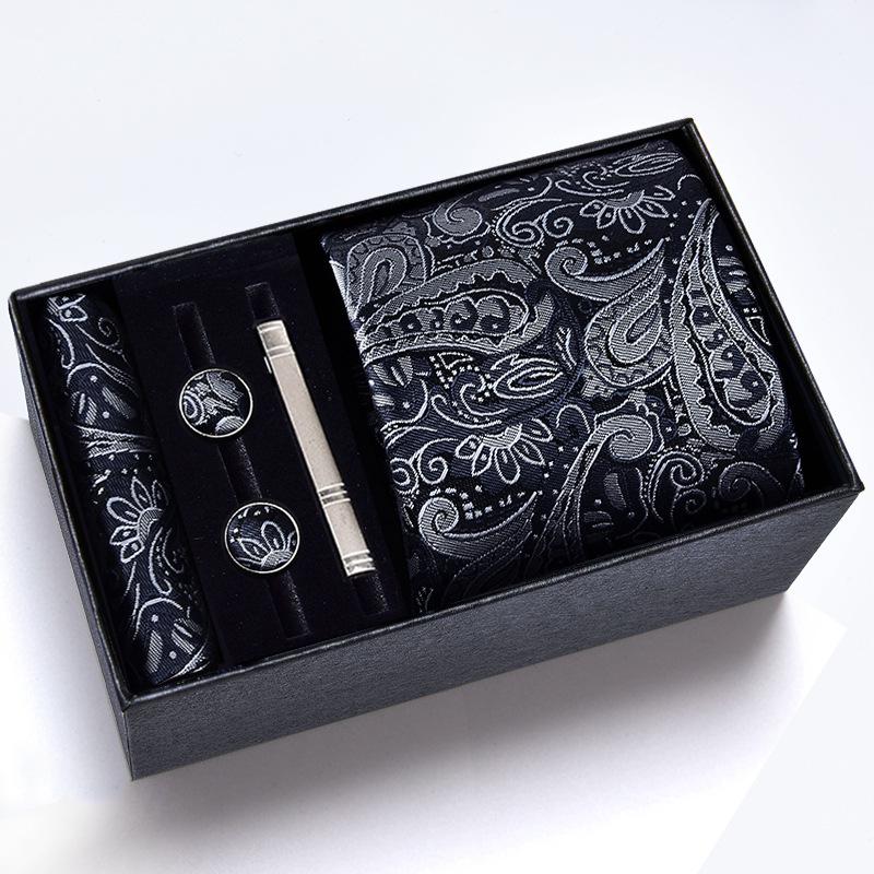 Men's Formal Tie Gift Box: Five-Piece Set with Logo, 8cm Striped Black for Weddings and Business 