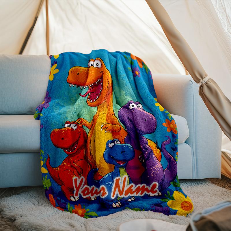 1PC Custom Name Dinosaur Friends Adventure Outdooor Flannel Blankets Patterns Throw Blanket All-Season Soft Gift for Couch, Bed, Camping Gifts