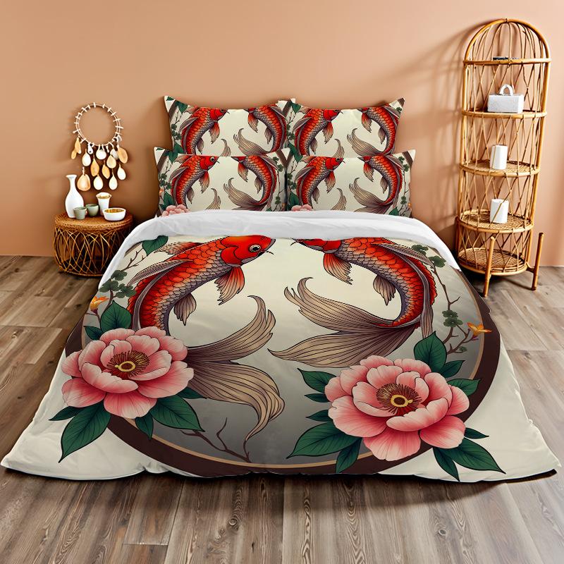 3D Digital Printing Bedding Two Or Three-Piece Set Koi Rich Flower Polyester Quilt Cover