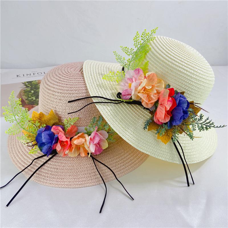 Pastoral flowers straw hat women summer sunscreen sunshade bucket hat travel seaside beach basin hat foldable