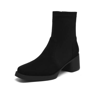 Flock Winter Round Toe Chunky Heels Platform Boots Women Zipper Retro Elegant Women Ankle Boots