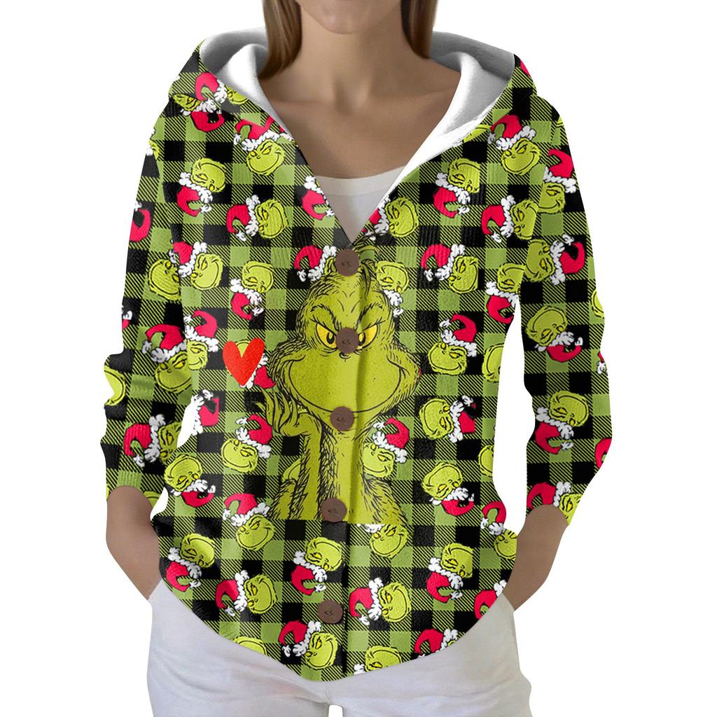 Women's Fashion Casual Sweater Button-Up Print Cardigan  Hooded Jacket