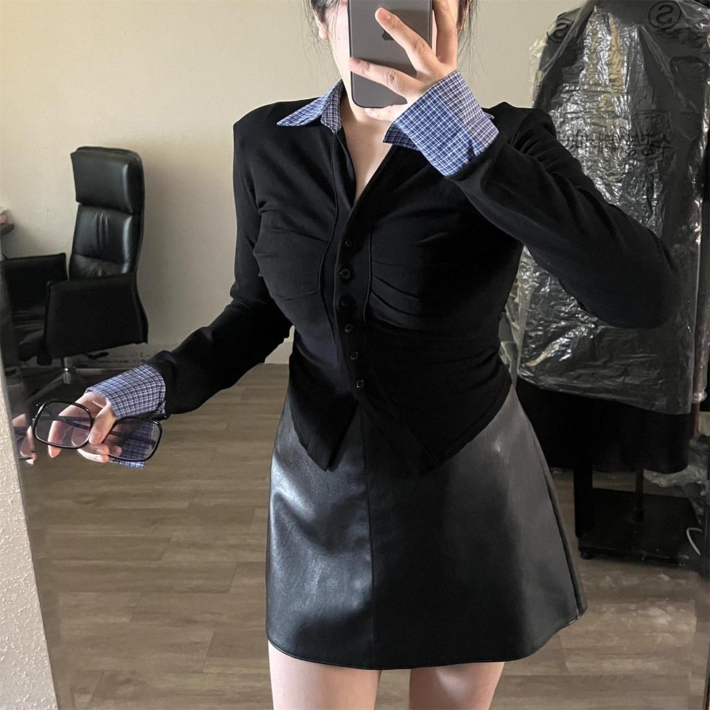 Plus Size Women's High Waist Black PU Leather A-line Skirt – Slimming Petite Autumn Hip-Wrap Short Skirt