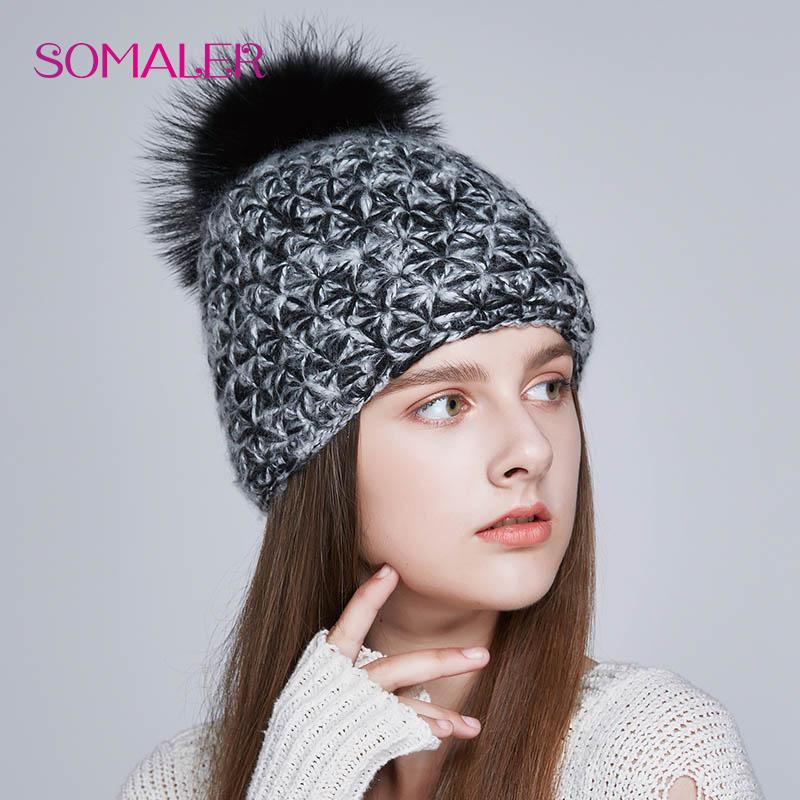 SOMALER Handmade Warm Winter Hats for Women Real Fox/Raccoon Fur Pompom Beanies Mix-color Caps