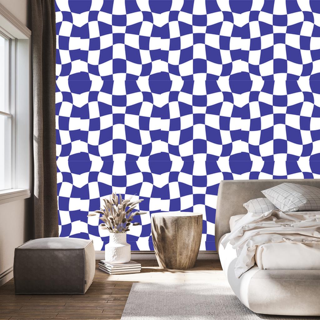 Wallpaper Casual Checkerboard Blue, White and Light Gray 50x1000