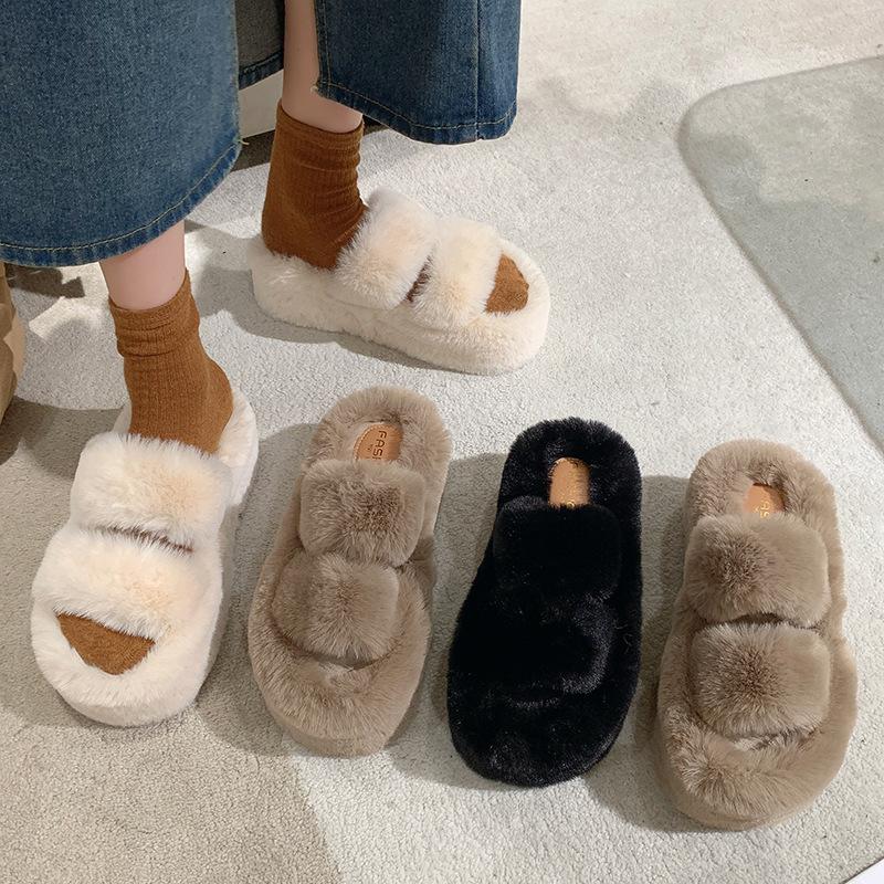 Thick bottom heightening one-word fluffy slippers women's outer wear ins home explosion non-slip versatile autumn and winter cotton slippers