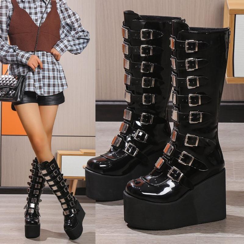 Women's Cosplay Boots Designer Metal Buckle Gothic Thick-sole Platform Booties Punk Style Knight Boots for Women Knee-High Boots