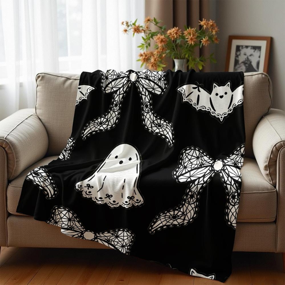 Lace Bow Ghost Bat Anime Cartoon Flannel Blanket Soft Warm Throw for Bedroom Sofa Car Kids Holiday Gift