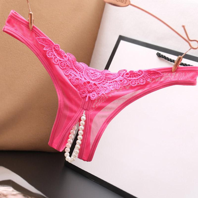 Women's Lace Briefs Ladies Exotic Open Crotch Panties Thongs Crotchless Pearl G-String Lingerie Sexy Underwear Massaging Beads