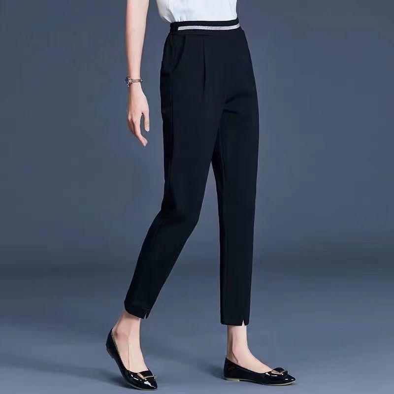 Women's Petite Black High-Waisted Slimming Straight-Leg Autumn Pants