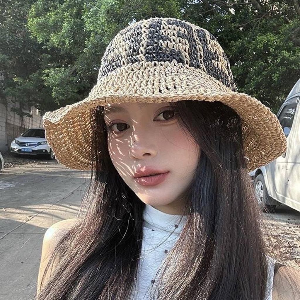 Handcrafted Crochet Fisherman Hat Embroidered Letters Wide Brim Foldable Breathable Straw Sun Hat For Beach Vacation Outdoor Activities