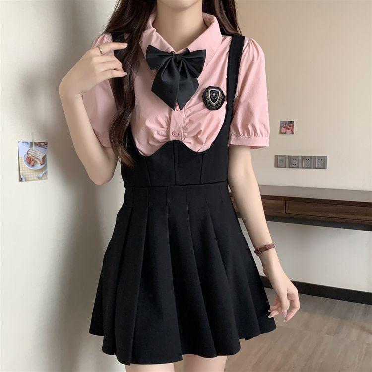 Plus Size Fishbone A-Line Strap Skirt and College Style Shirt Set - Slimming JK Design