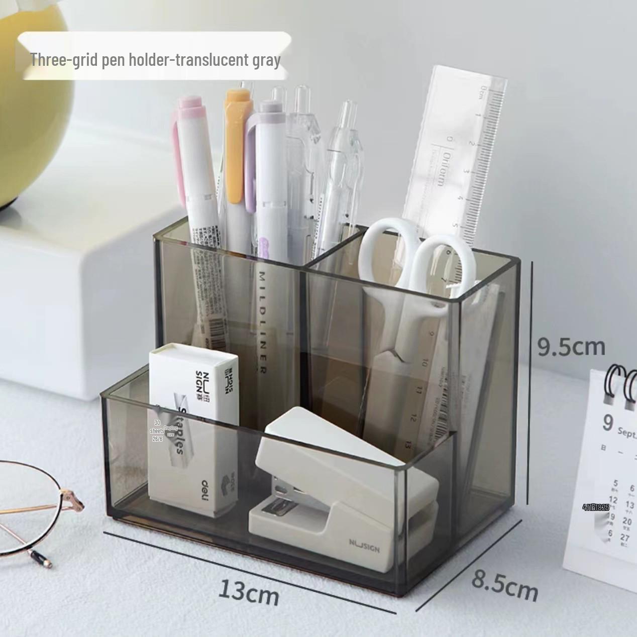 Acrylic Three-Compartment Pen Holder: Luxurious Multifunctional Desktop Organizer OPP Packaging светло-серый