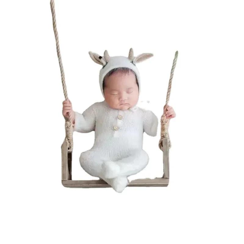 Vintage Wooden Macrame Swing Newborn Photography Prop Soft Photo Shooting Chair Babies Infants Essential Fotografia Accessories