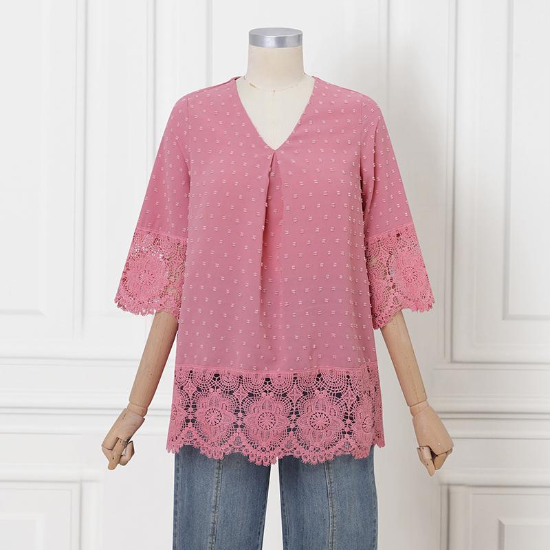 VONDA Women Casual V Neck 3/4 Sleeve Texture Lace Patchwork Blouse