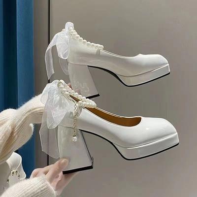 Platform Ladies High Heels Elegant Bow Square Toe Black High Heels Fashion Thick Heel Wedding Party Pearl Lace Wedding Shoes 42