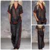 DM078 2026 Cross-border Spice Girl Vacation Leopard Print Collided Red Edge Chiffon Set V-Neck Short Sleeve Top Wide Leg Trousers