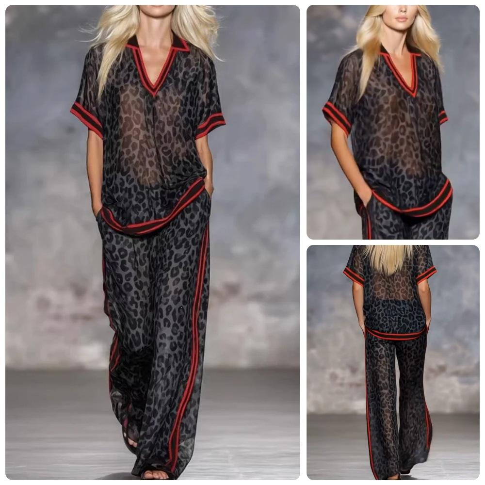 DM078 2026 Cross-border Spice Girl Vacation Leopard Print Collided Red Edge Chiffon Set V-Neck Short Sleeve Top Wide Leg Trousers