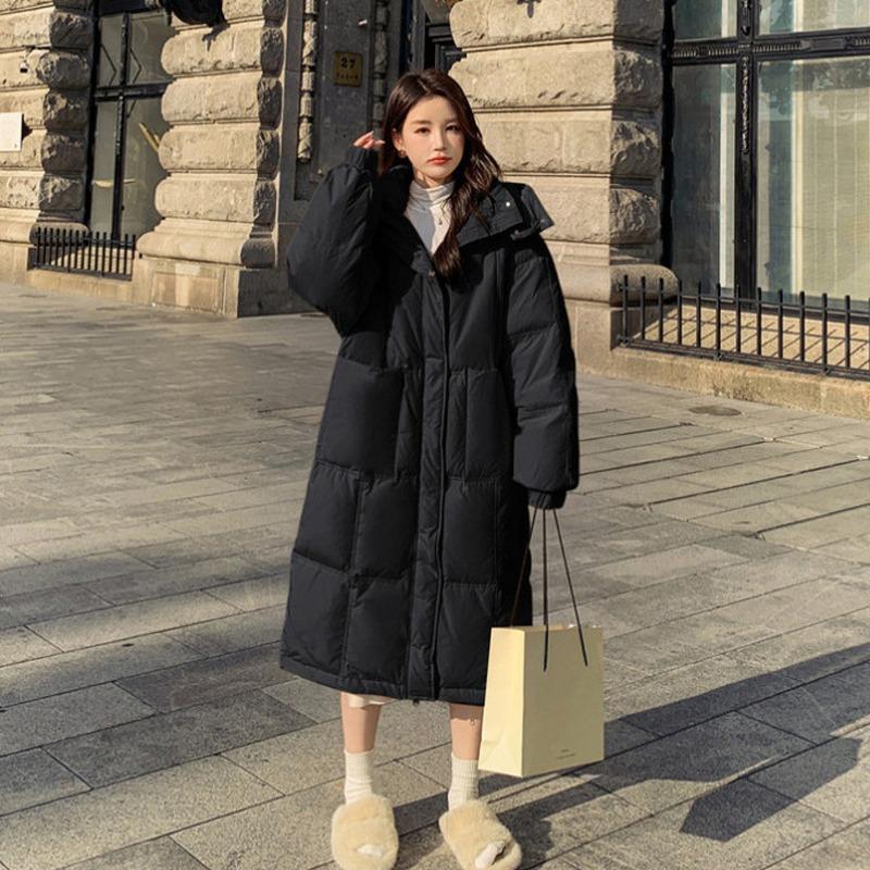 Light yellow down jacket, women's mid length, 2023 winter new style, hooded, thickened, knee high, small jacket