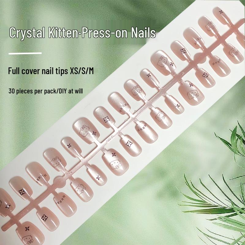 

30-Piece Pink Crystal Cat Eye Press-On Nails - Cute Cartoon Design Manicure Set