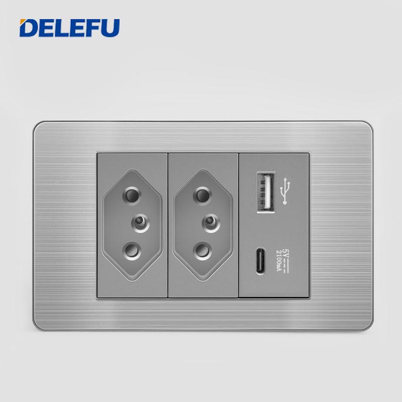 DELEFU Brazilian Model 118 Type 10A/20A Stainless Steel Grey Durable PC USB Socket with Type-C 20W Fast Charging