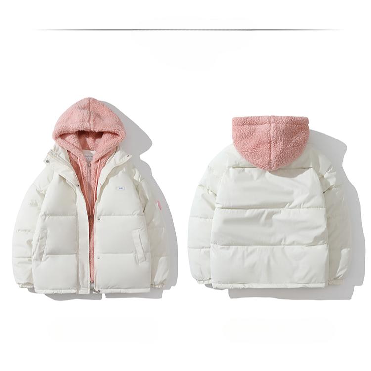 Fashionable and Warm Hooded Patchwork Faux Two- Piece Lamb Wool Cotton Coat for Women